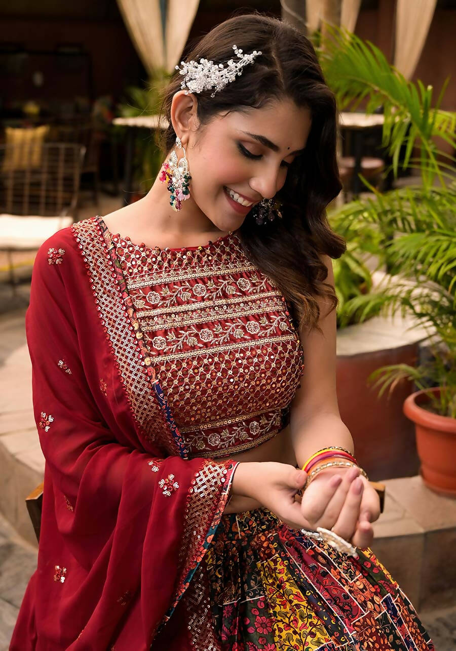 Women's Wedding Traditional Multi Dull Satin Lehenga Choli - Kaushlya