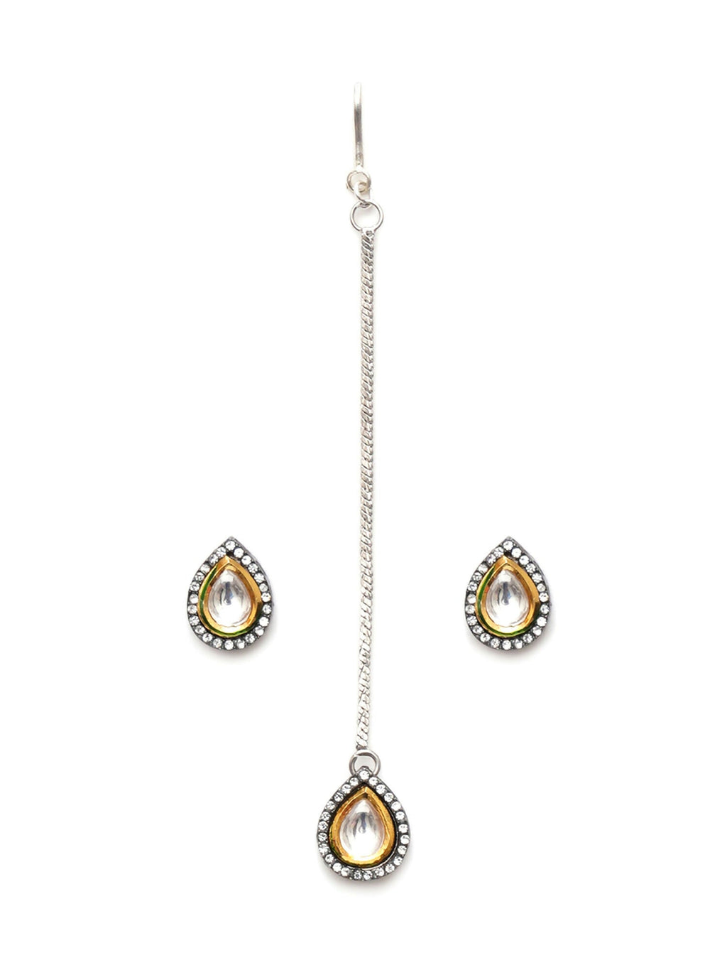 Dual Tone Kundan Maang Tikka with Earrings Jewellery Set (silver) - Ruby Raang