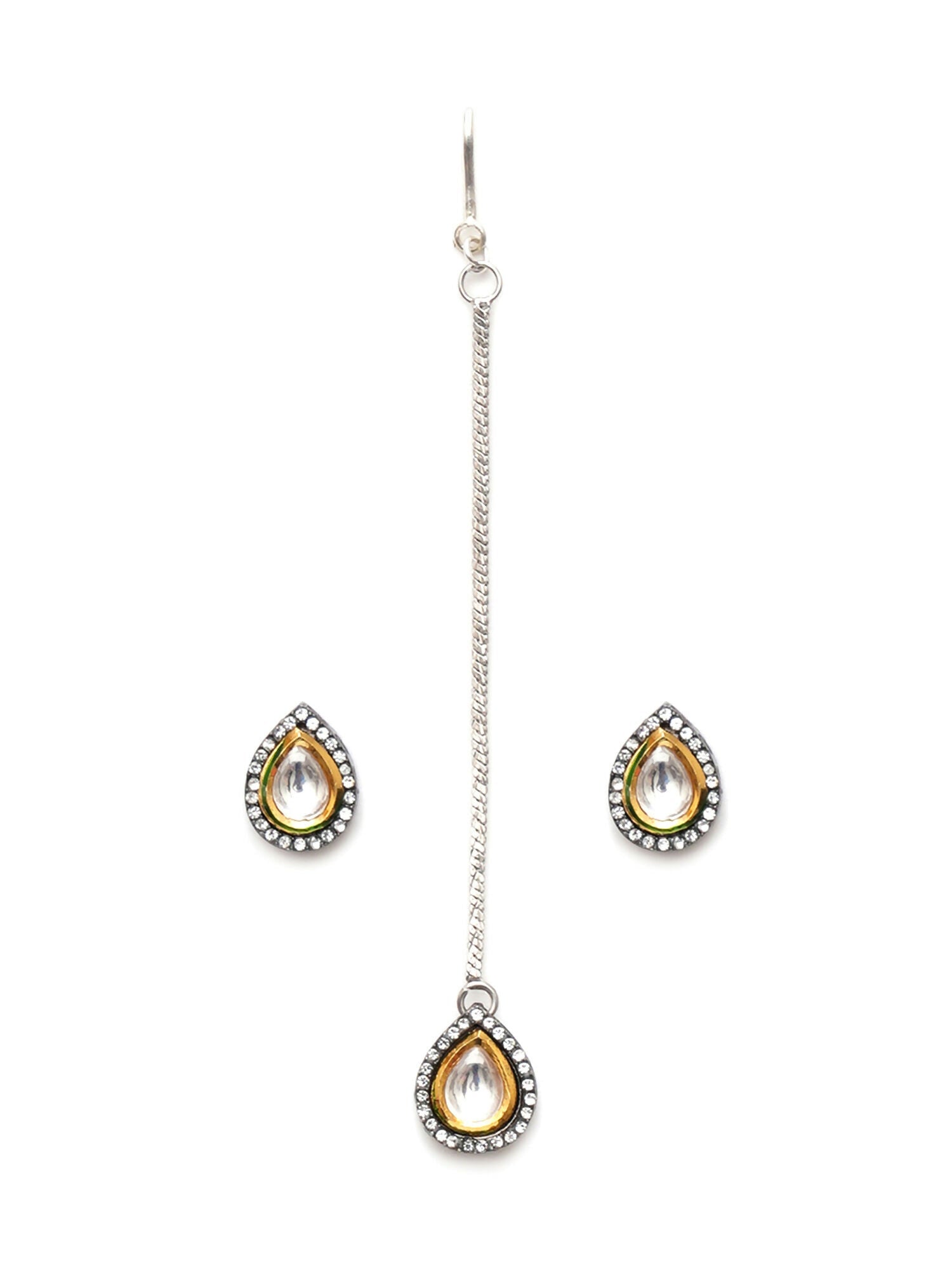 Dual Tone Kundan Maang Tikka with Earrings Jewellery Set (silver) - Ruby Raang