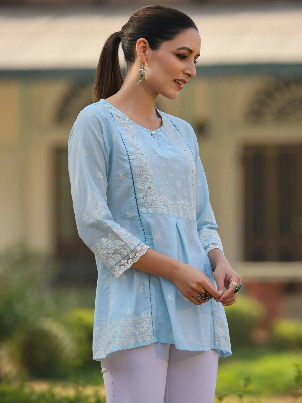 Juniper Women's Powderblue Cambric Floral Printed Tunic - Distacart