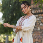 Juniper Women's Offwhite Cotton Solid With Embroidered Straight Tunic - Distacart
