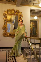 Vastranavya Pista Tissue Shimmer Zari Weaving Work Saree with Unstitched Blouse