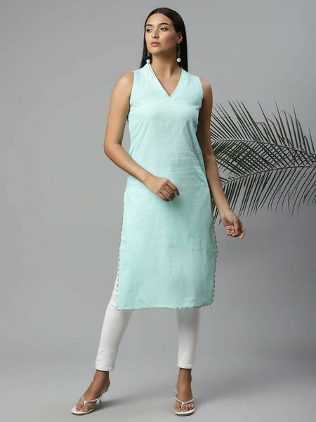 Ahalyaa Womens Summer Blue Pure Cotton Printed Kurtas