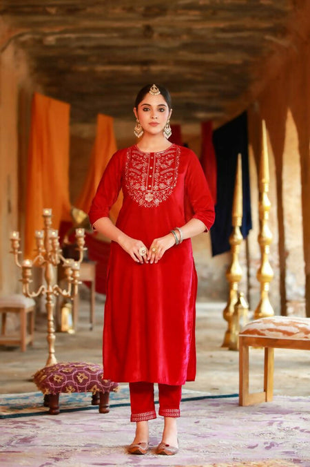 Juniper Women Fuchsia Velvet Embroidered Straight Kurta Sets