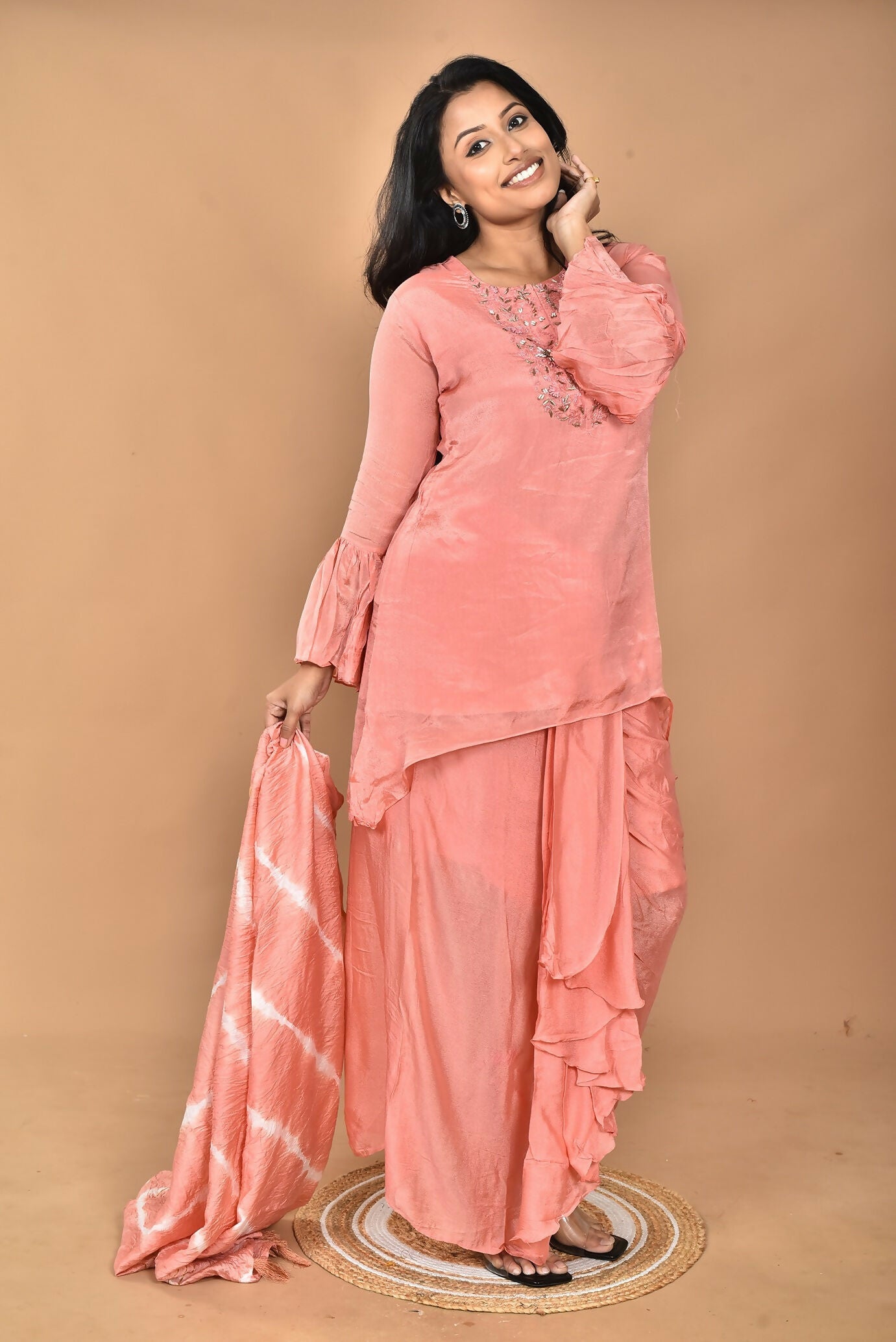 Morchari Women And Hand Embroidery Palazzo Set-Peach