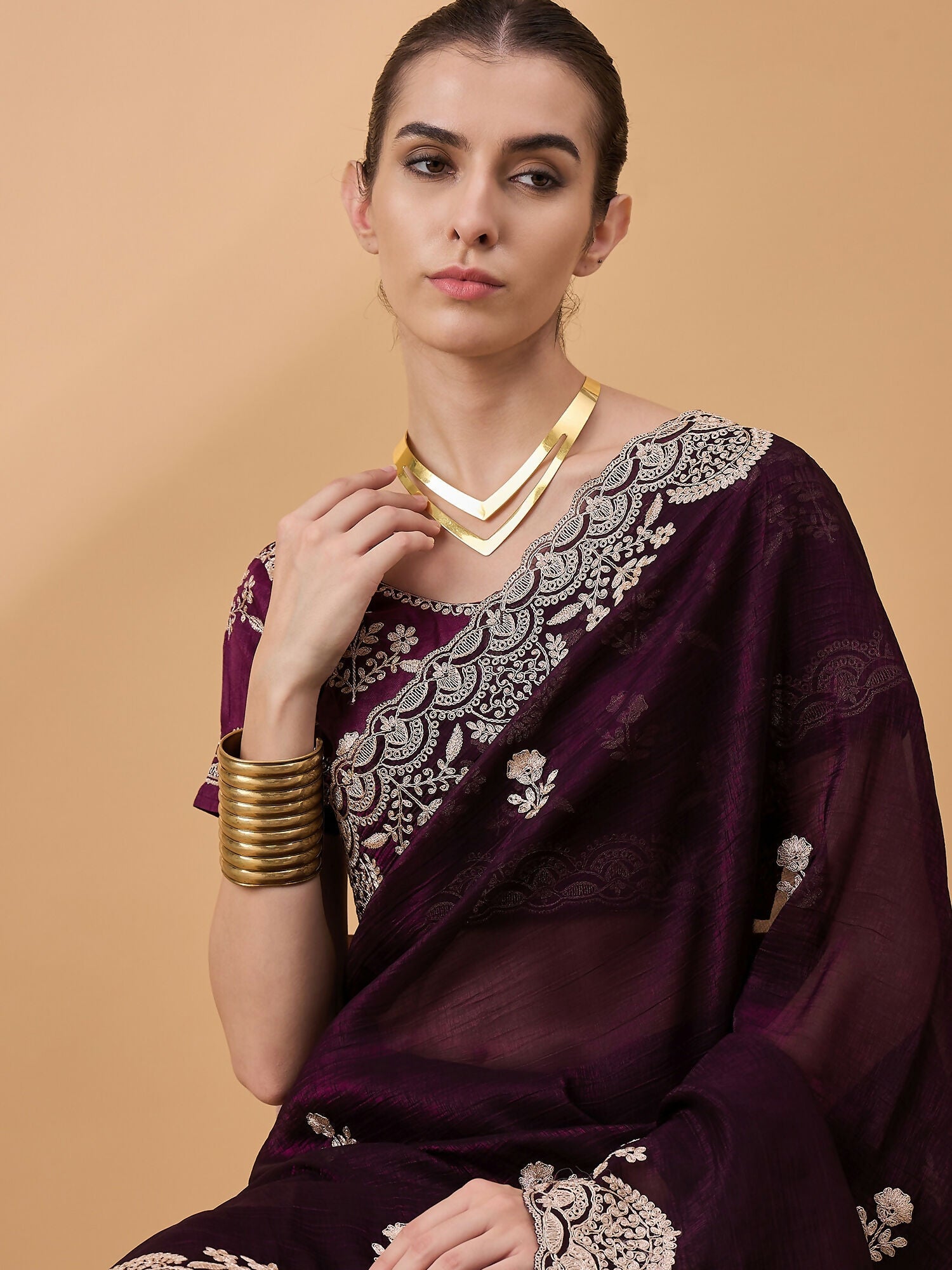 Purple Silk Embroidered Saree with Unstitched Blouse Piece - Satya