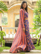 Janasya Navy Blue Georgette Floral Top,Bottom & Jacket