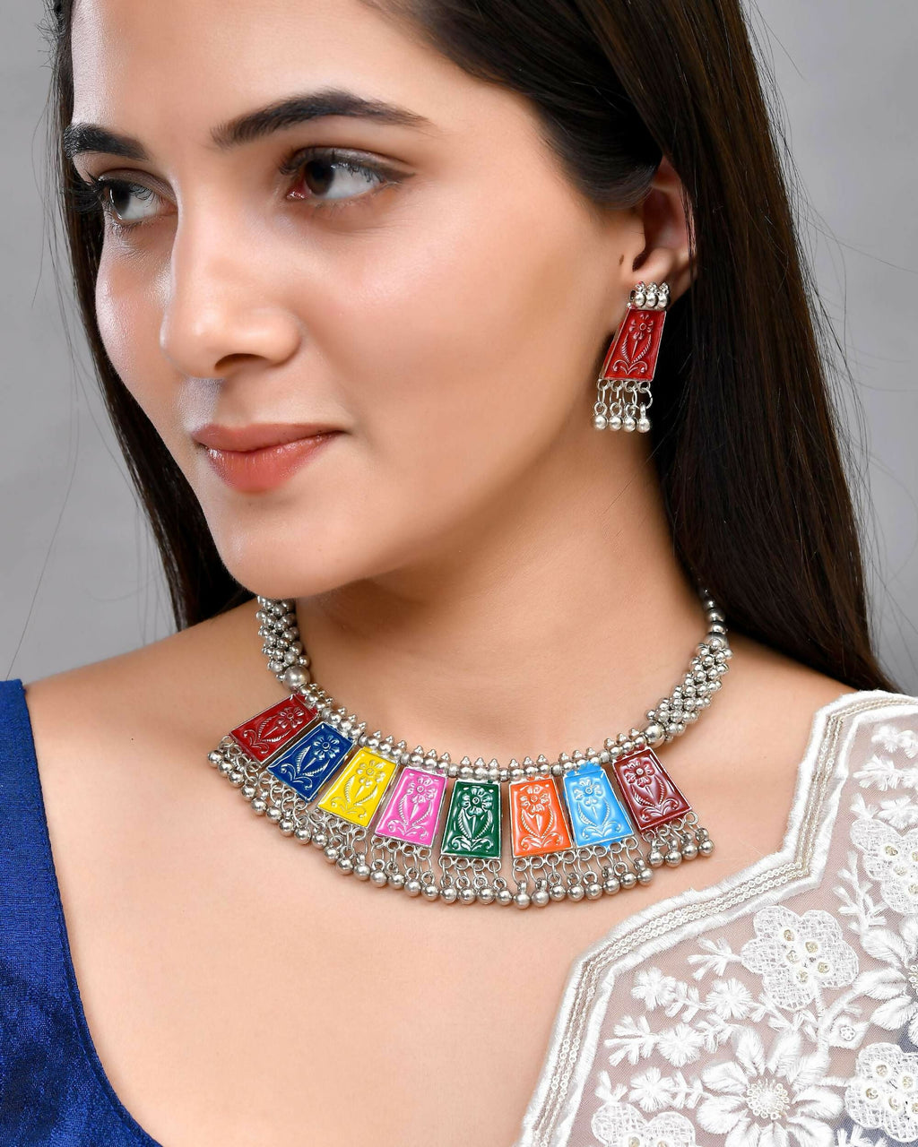 VOJ Silver Plated Oxidized Multi Color Hasli with Earring Set