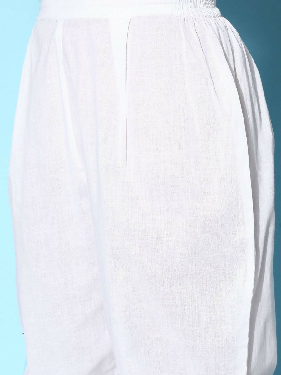 Ahalyaa Women's White Colour Pure Cotton Pigment Printed Kurta Pant Set With Dupatta - Distacart