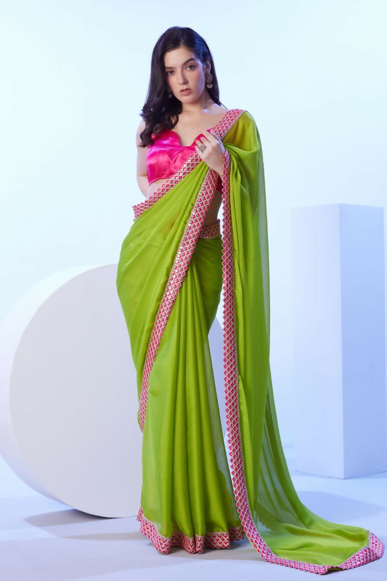 Green Moss Solid Designer & Lace Work Saree - Samaa