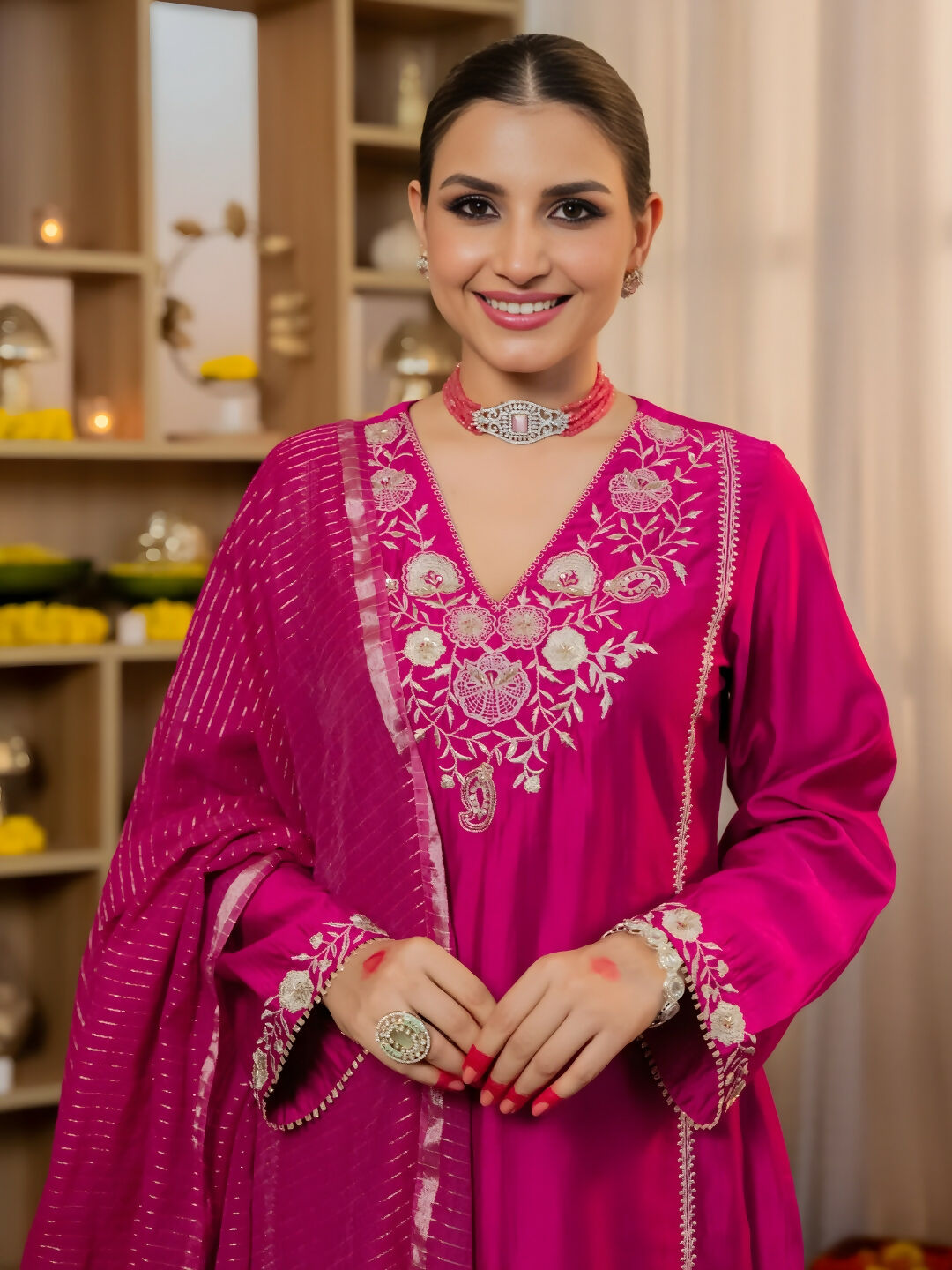 The52 Women's Beautiful Viscose Silk Fabric Embroidery Work A-Line Kurta Pant and Dupatta Set - Distacart