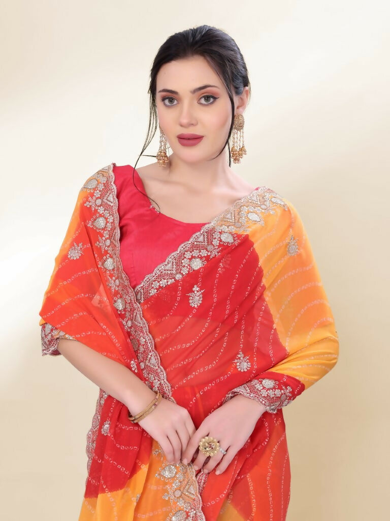 Orange Georgette Bandhani Printed,Embroidery Work Saree - Bandhan