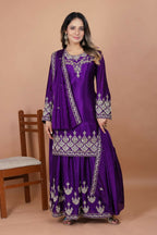 Teeya Creation Purple Chinon Embroidery Work Party Wear Palazzo Suit - Distacart