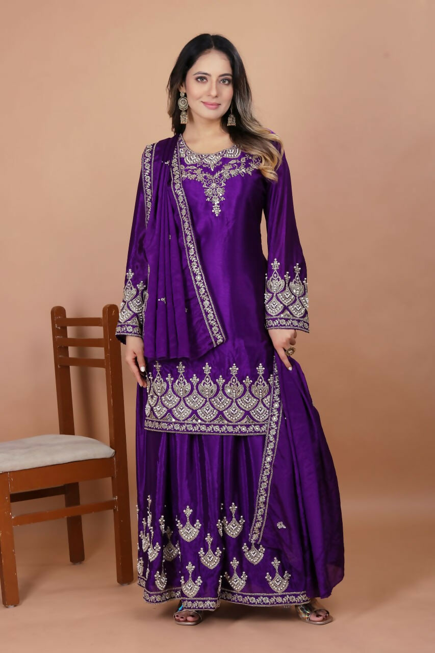 Teeya Creation Purple Chinon Embroidery Work Party Wear Palazzo Suit - Distacart
