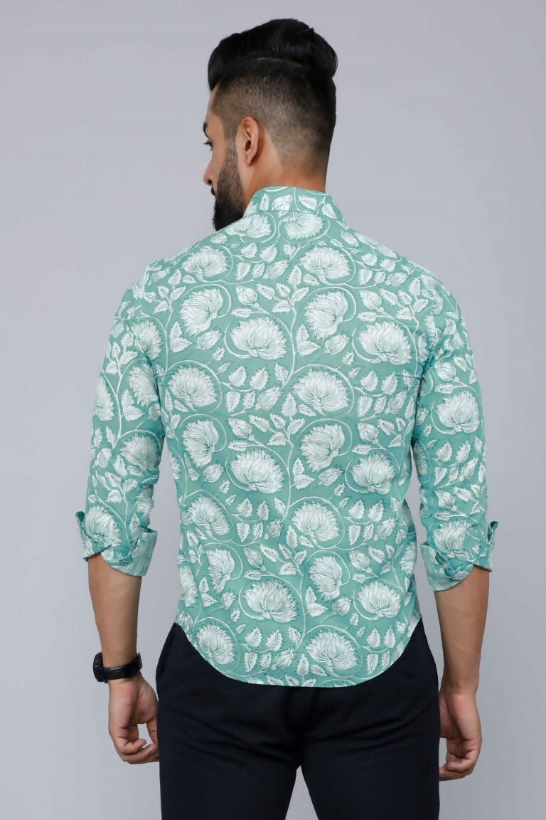 Miravan Men's Cotton Green Floral Printed Slim Fit Shirt