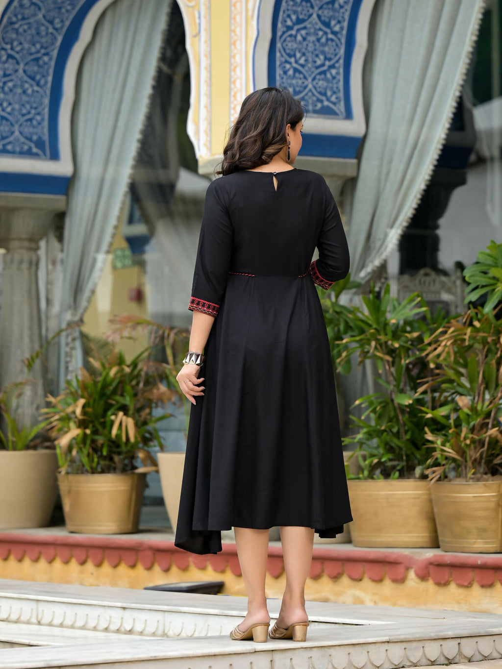 Juniper Women's Black Thread Embroidered Liva Rayon A-Line Dress With Tassel Kaudis & Doris At Waist