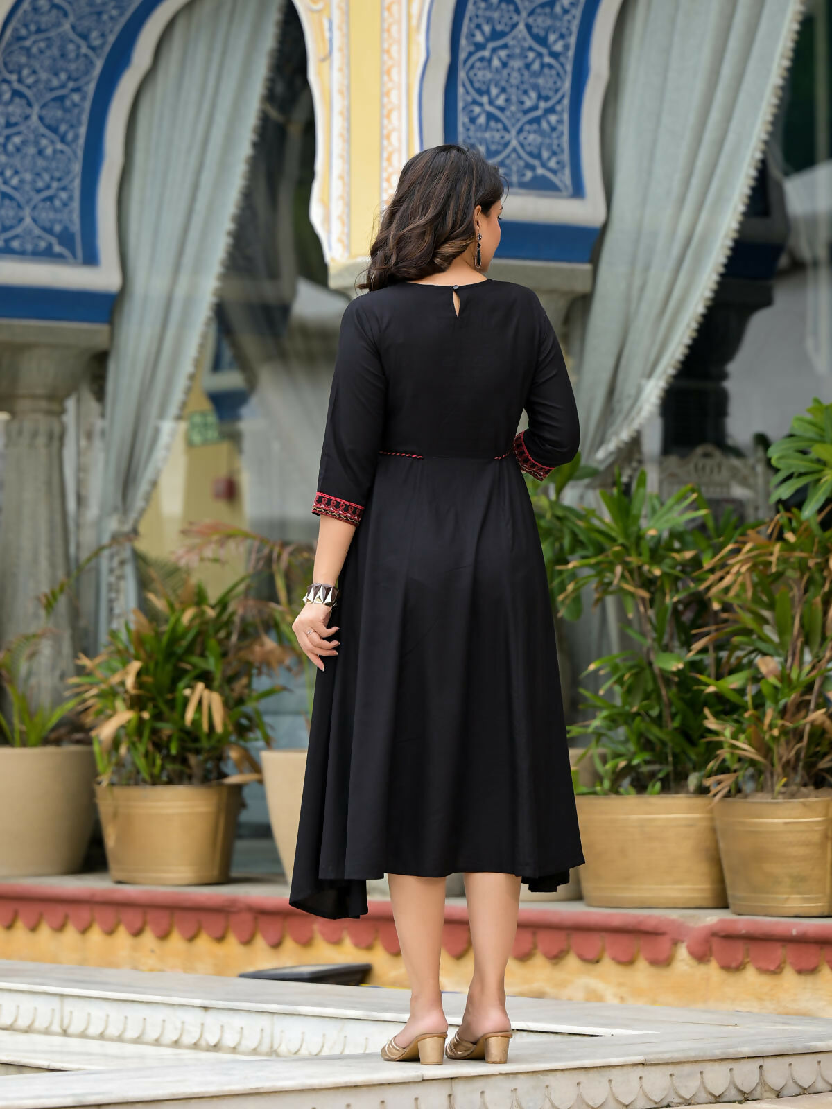 Juniper Women's Black Thread Embroidered Liva Rayon A-Line Dress With Tassel Kaudis & Doris At Waist