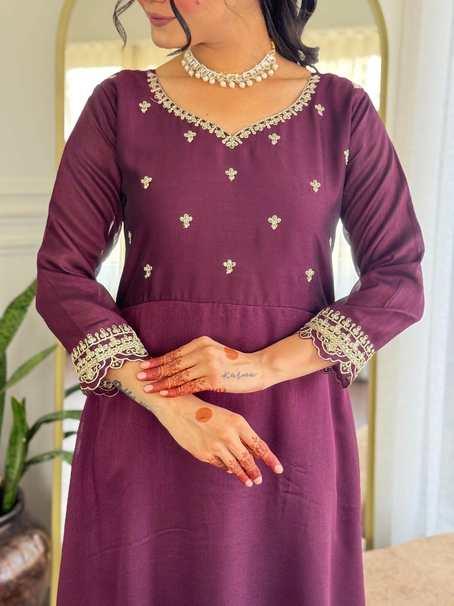 The52 Wine Women's Gorgeous Vichitra Silk Fabric Embroidered Work Flared Anarkali Pant and Dupatta Set - Distacart