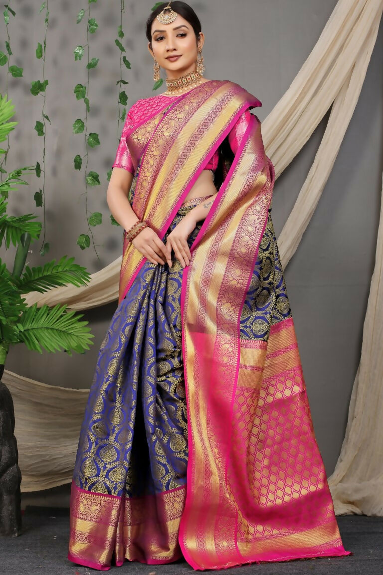 Jyoti Fashion Women's Navy Blue Kanjivaram Silk Zari Woven Saree with Blouse