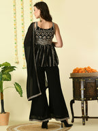 Myshka Women's Black Georgette Top & Palazzos With Dupatta Party Sets