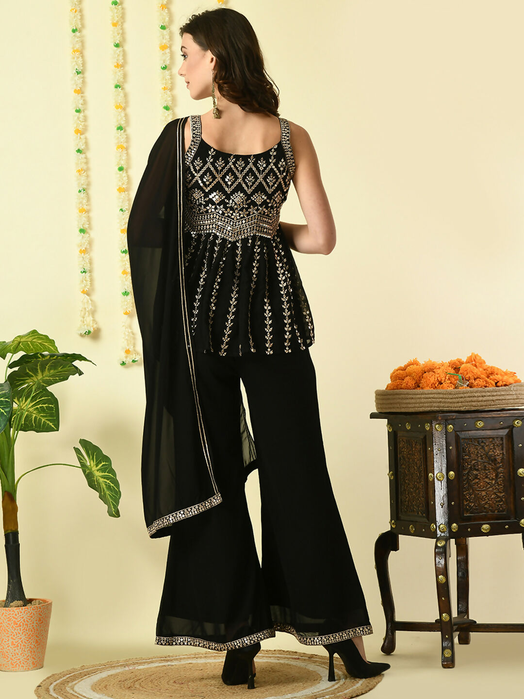 Myshka Women's Black Georgette Top & Palazzos With Dupatta Party Sets