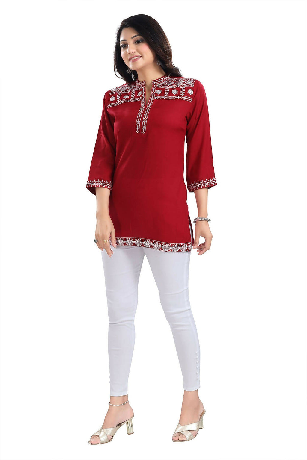 Snehal Creations Rosy Red Women Embroidered Boho Chic Tunic Top - Distacart