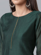 Ahalyaa Dark Green Chanderi Solid Kurta With Palazzo And Dupatta Set
