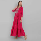 Juniper Fuchsia Rayon Festive Wear Embroidered Tiered Long Dress - Distacart
