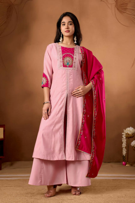 Lehenga Mart Designer Front-Slit Kurta, Paired With Wide-Leg Palazzo Pants And A Dupatta.-Rose Pink