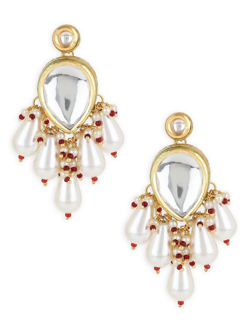 Gold-Toned White Kundan Contemporary Gold-Plated Drop Earrings - Ruby Raang - Distacart