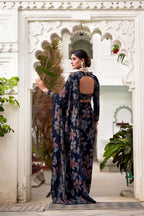 Vastranavya Navy Blue Lurex Brasso Floral Printed Saree with Unstitched Blouse - Distacart