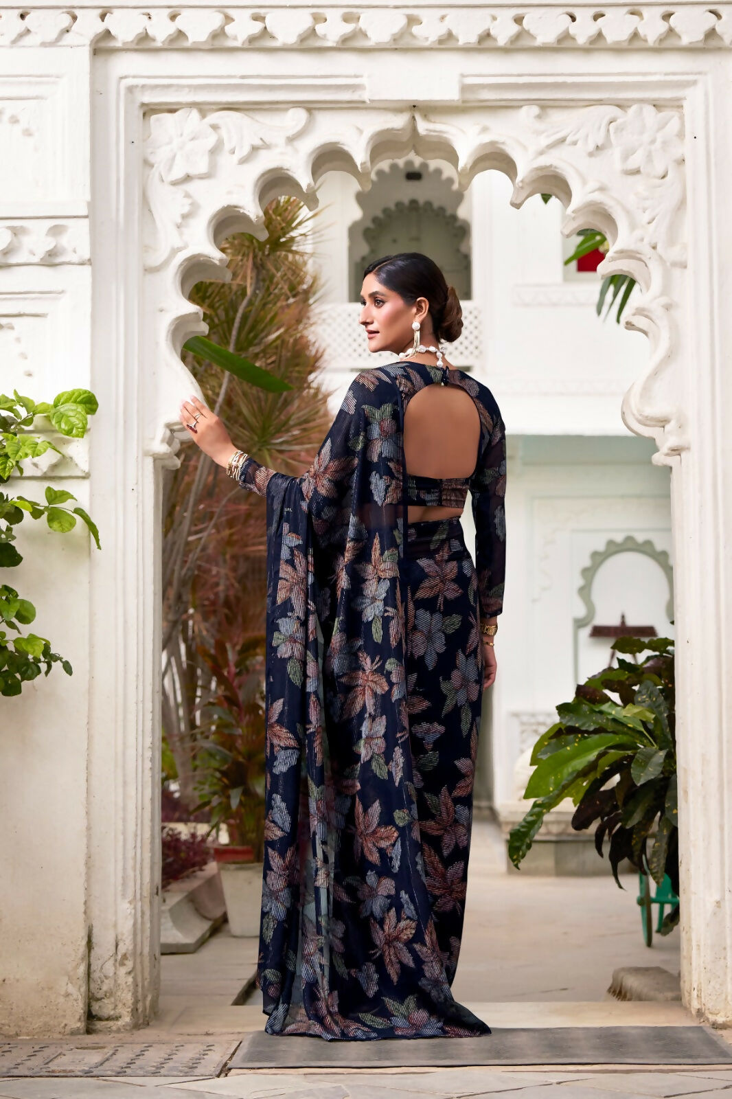 Vastranavya Navy Blue Lurex Brasso Floral Printed Saree with Unstitched Blouse - Distacart