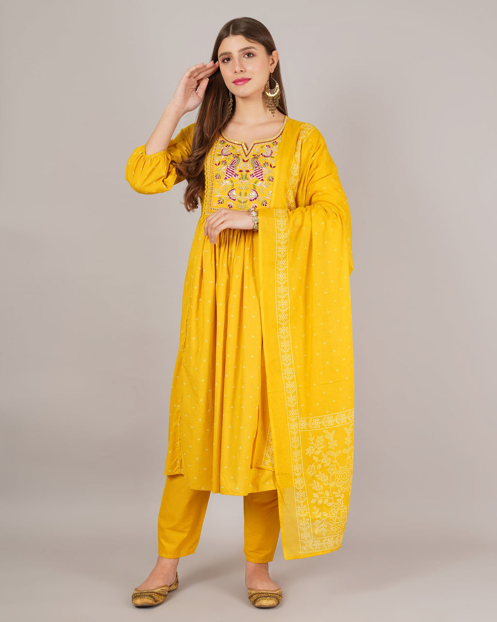 Jaitra Apparels Mustard Yellow Embroidered Pure Cotton Fabric Kurta Set With Dupatta - Distacart