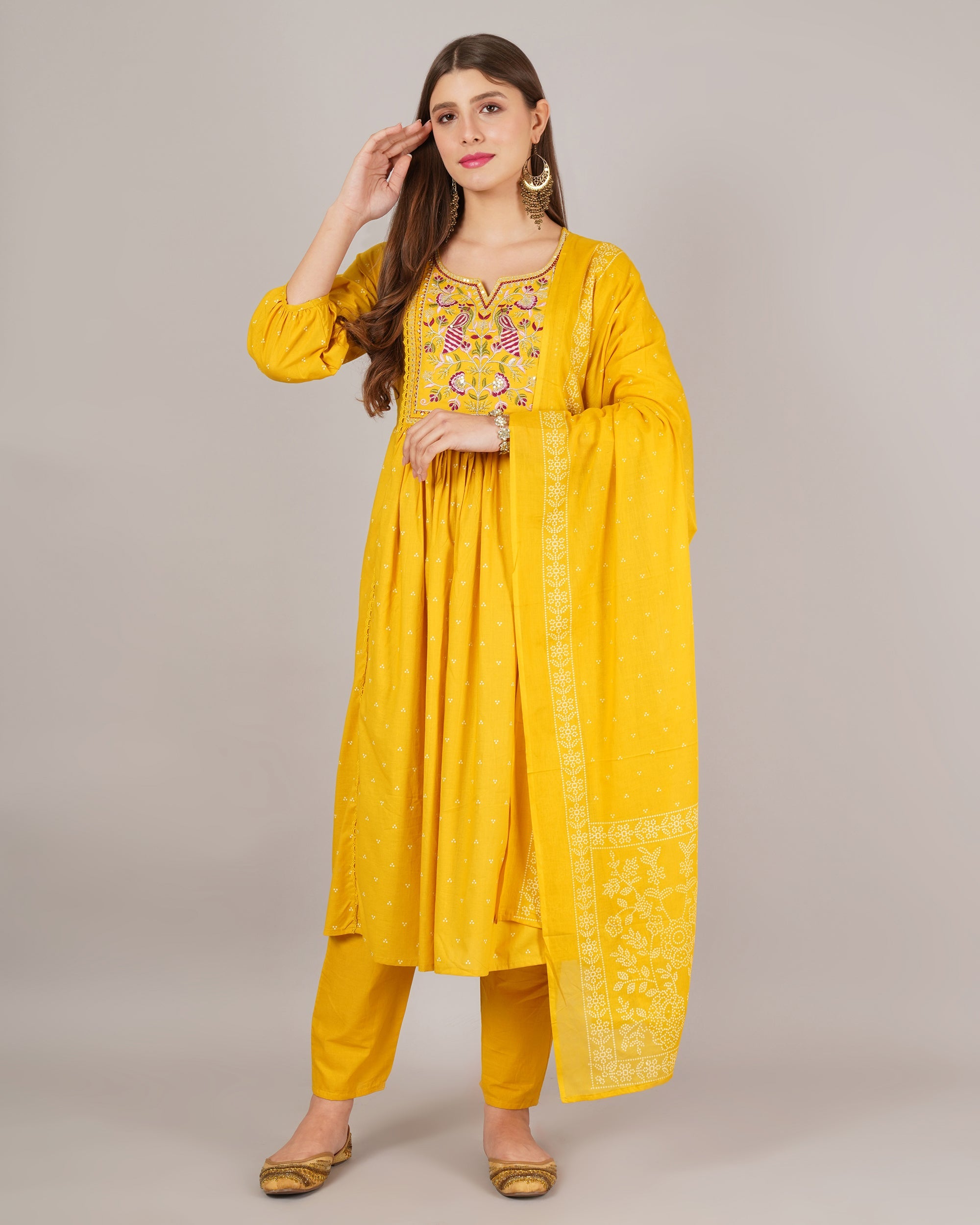 Jaitra Apparels Mustard Yellow Embroidered Pure Cotton Fabric Kurta Set With Dupatta - Distacart
