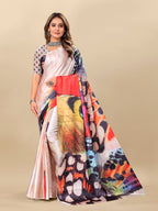 Vedant Vastram Digital Print Japan Satin Silk Party Wear Saree with Unstitched Blouse Piece - Multi Color