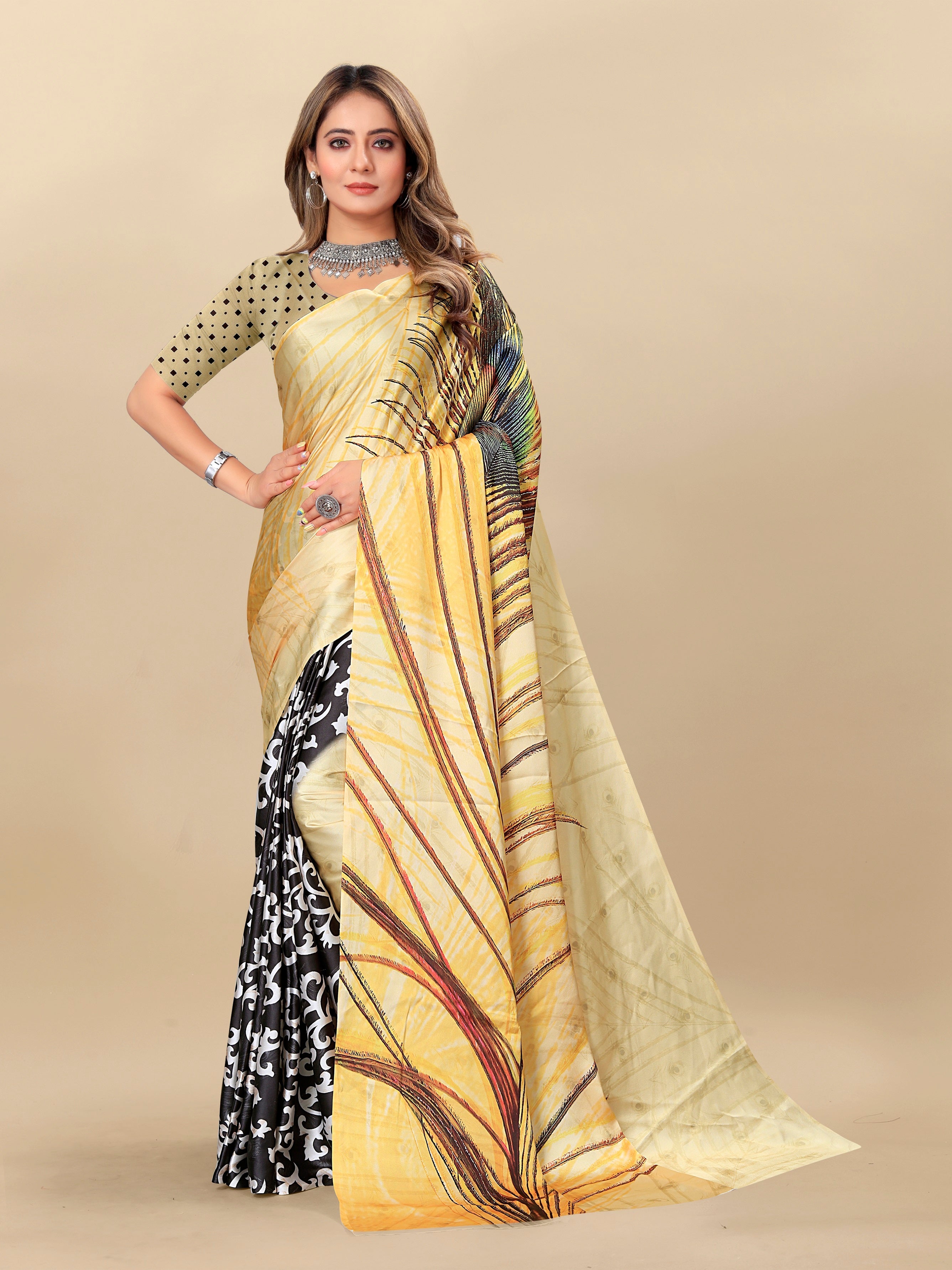 Vedant Vastram Digital Print Japan Satin Silk Party Wear Saree with Unstitched Blouse Piece - Golden