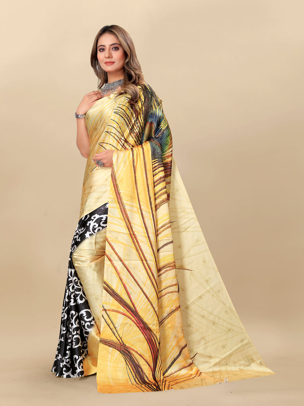 Vedant Vastram Digital Print Japan Satin Silk Party Wear Saree with Unstitched Blouse Piece - Golden