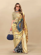 Vedant Vastram Digital Print Japan Satin Silk Party Wear Saree with Unstitched Blouse Piece - Golden