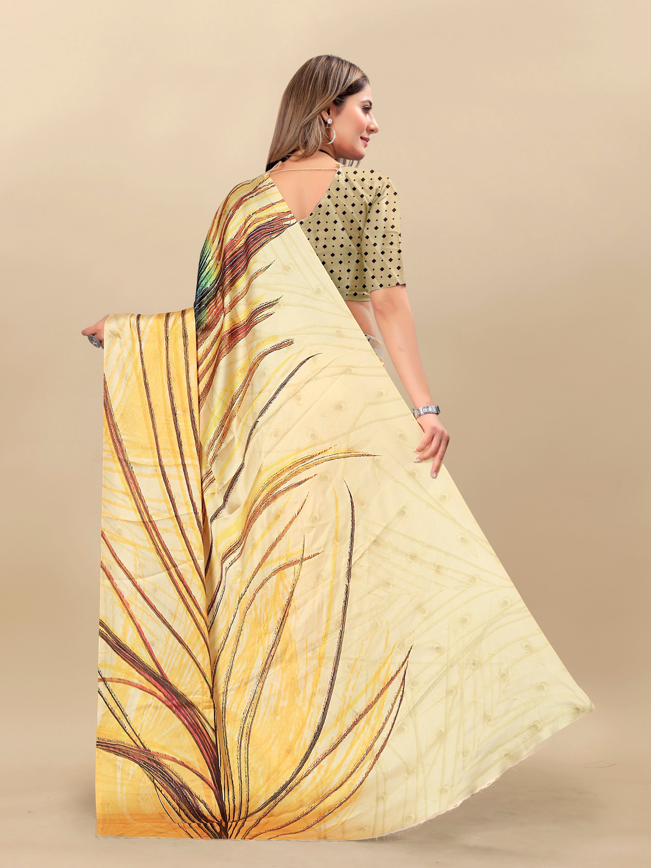 Vedant Vastram Digital Print Japan Satin Silk Party Wear Saree with Unstitched Blouse Piece - Golden