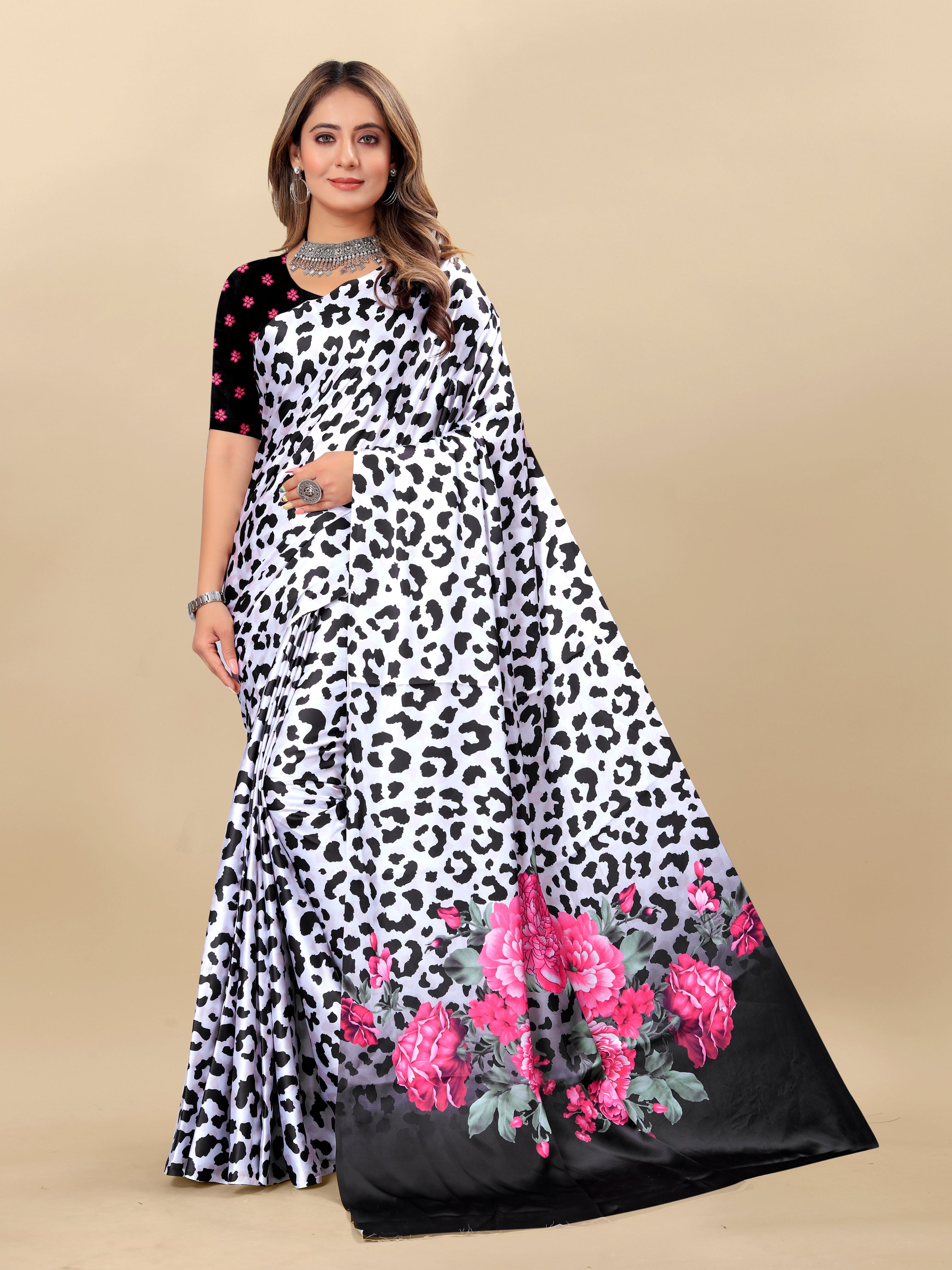 Vedant Vastram Digital Print Japan Satin Silk Party Wear Saree with Unstitched Blouse Piece - White
