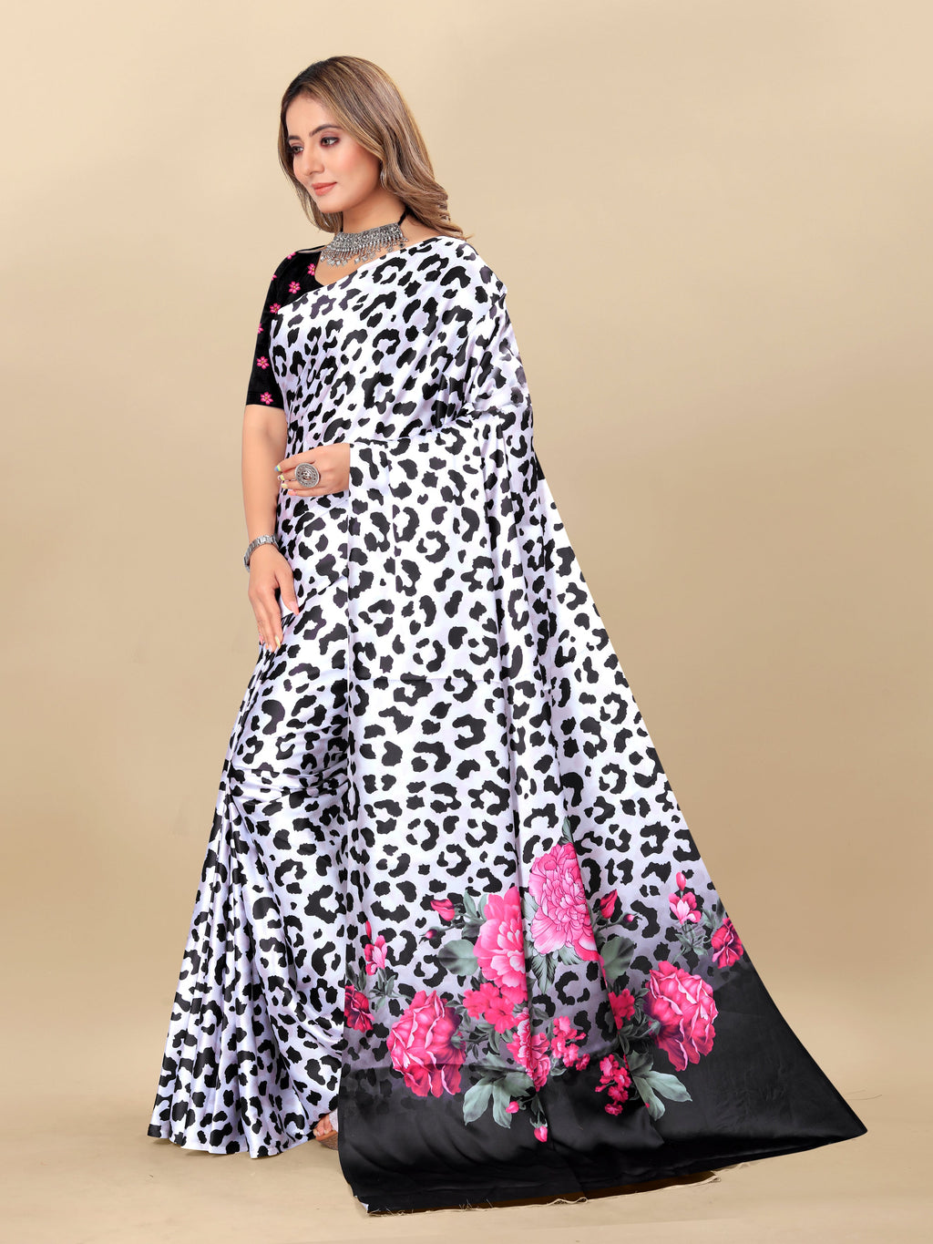 Vedant Vastram Digital Print Japan Satin Silk Party Wear Saree with Unstitched Blouse Piece - White