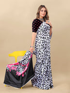 Vedant Vastram Digital Print Japan Satin Silk Party Wear Saree with Unstitched Blouse Piece - White