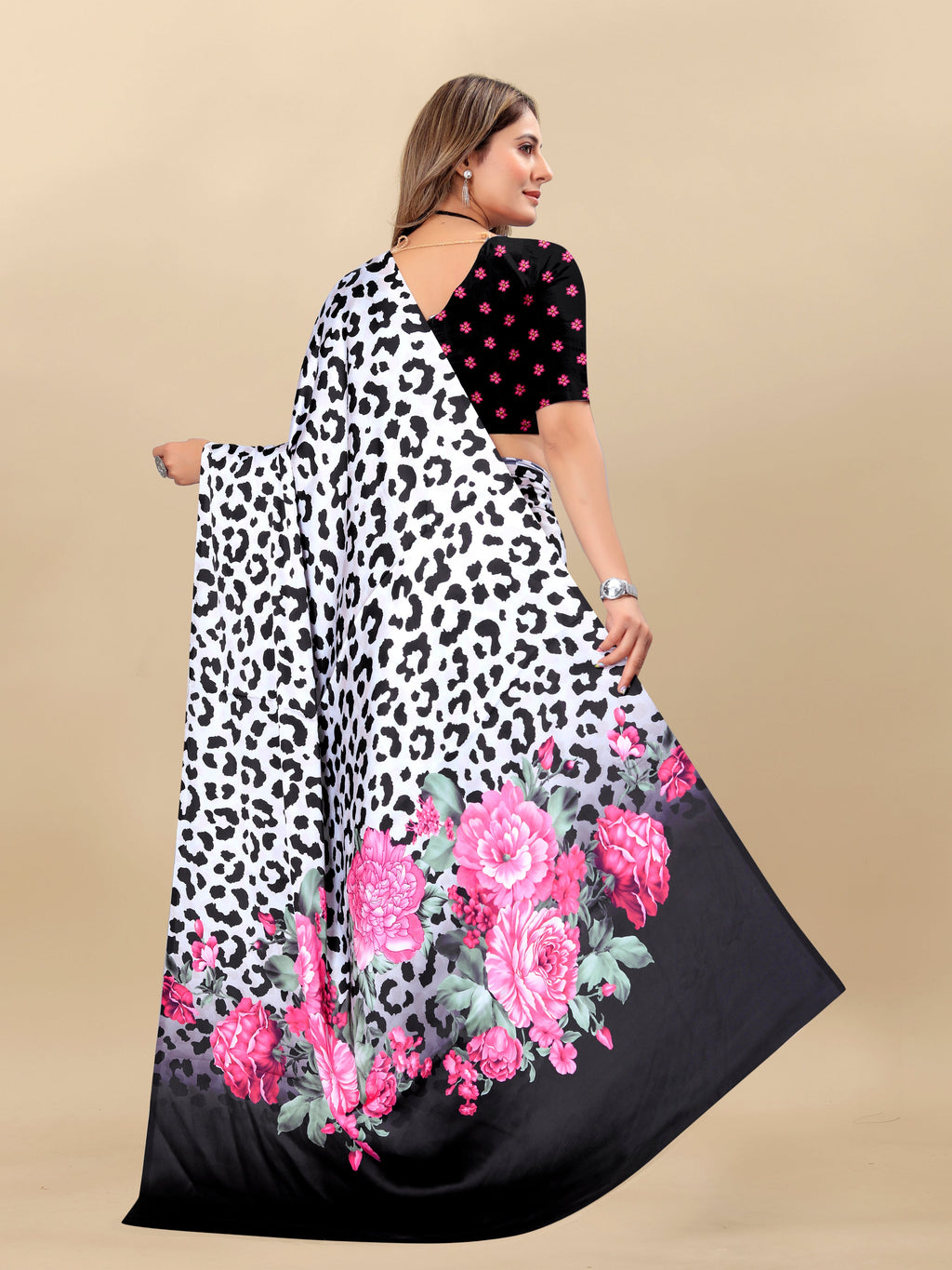 Vedant Vastram Digital Print Japan Satin Silk Party Wear Saree with Unstitched Blouse Piece - White