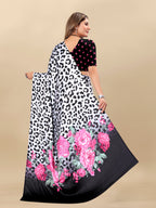 Vedant Vastram Digital Print Japan Satin Silk Party Wear Saree with Unstitched Blouse Piece - White