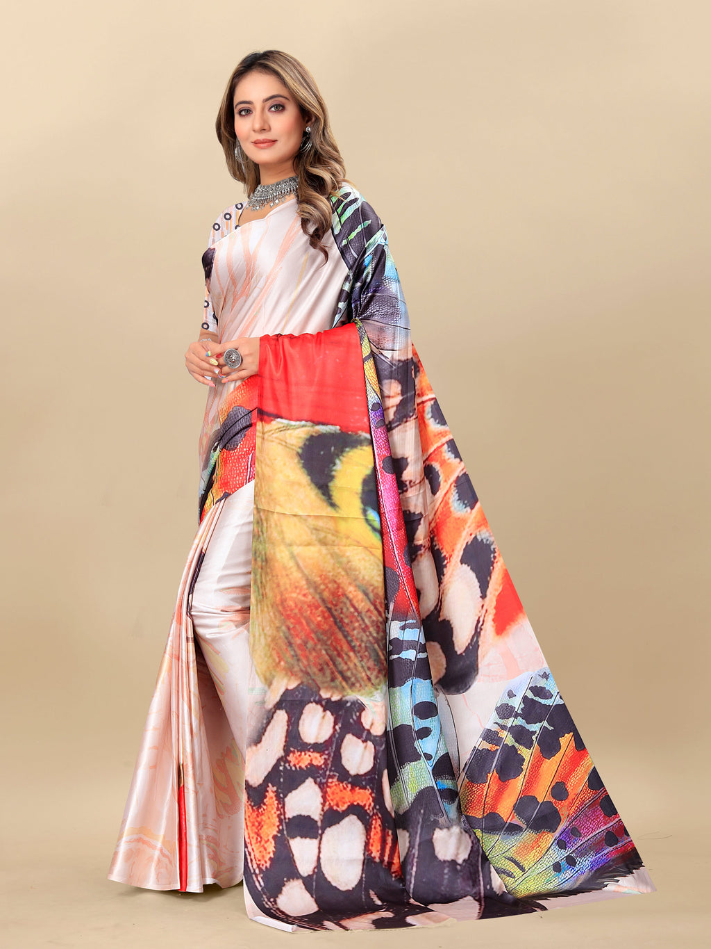 Vedant Vastram Digital Print Japan Satin Silk Party Wear Saree with Unstitched Blouse Piece - Multi Color