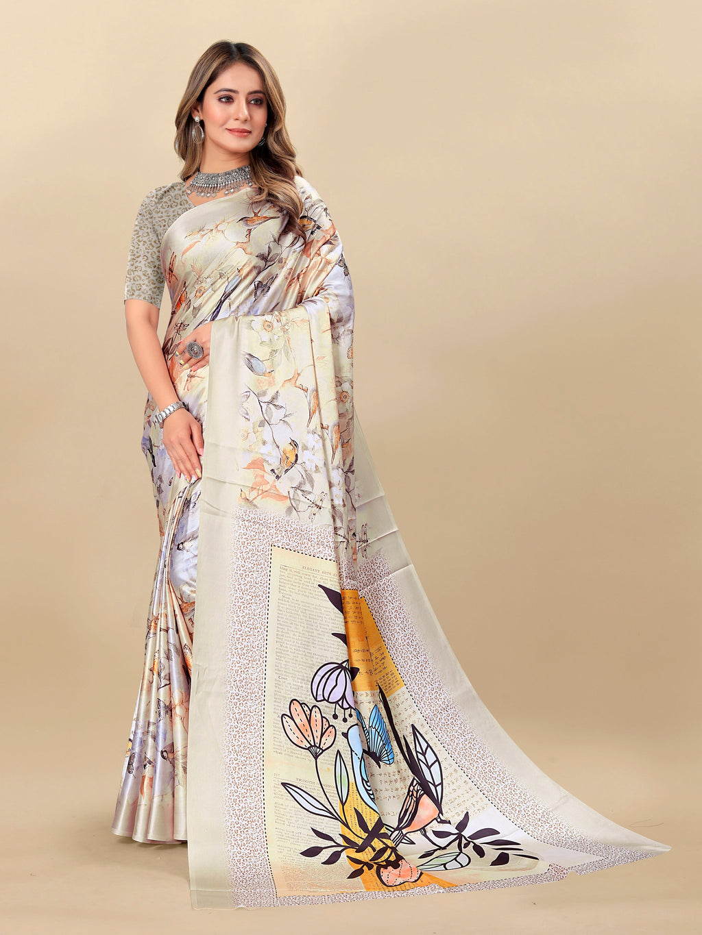 Vedant Vastram Digital Print Japan Satin Silk Party Wear Saree with Unstitched Blouse Piece - Cream