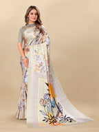 Vedant Vastram Digital Print Japan Satin Silk Party Wear Saree with Unstitched Blouse Piece - Cream