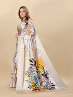 Vedant Vastram Digital Print Japan Satin Silk Party Wear Saree with Unstitched Blouse Piece - Cream