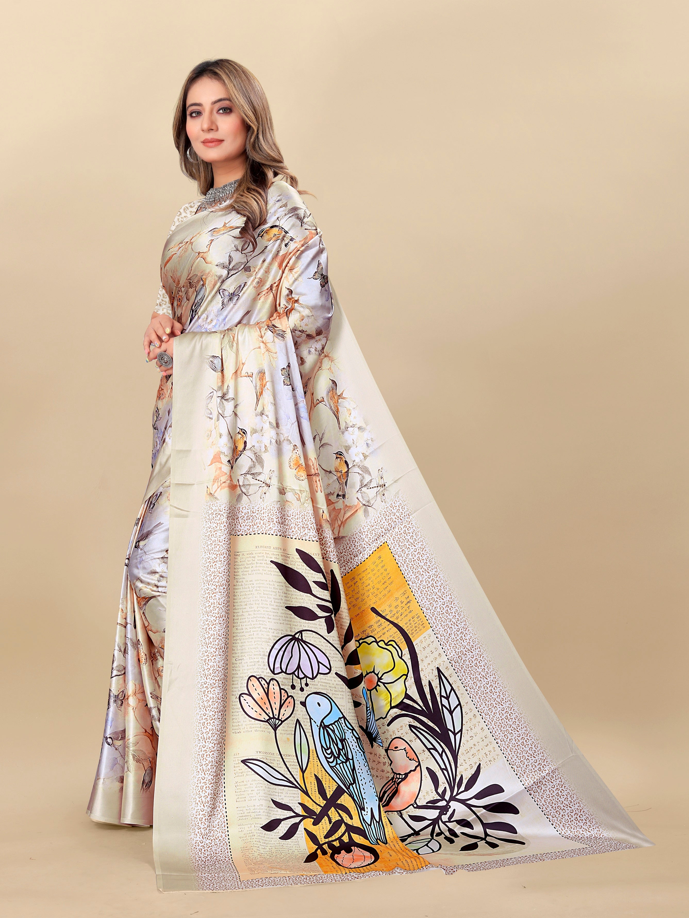 Vedant Vastram Digital Print Japan Satin Silk Party Wear Saree with Unstitched Blouse Piece - Cream