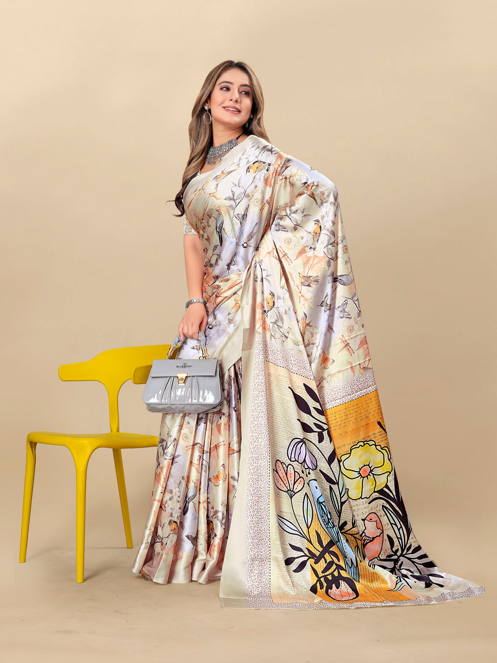 Vedant Vastram Digital Print Japan Satin Silk Party Wear Saree with Unstitched Blouse Piece - Cream